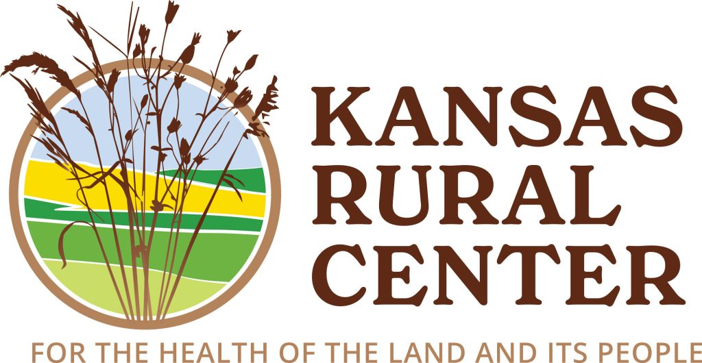 Kansas Rural Center logo. For the health of the land and its people. A circle showing a field of corn in the background and a wheat stalk in the foreground.